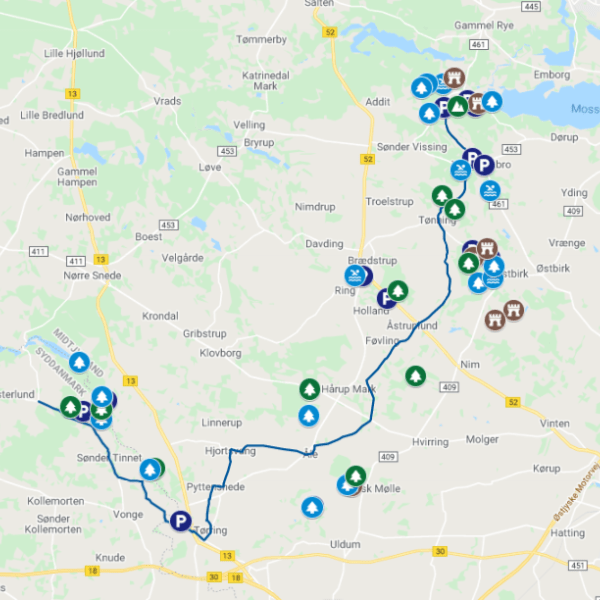 Digitale Karte zur Regionalroute 33 von der Quelle des Gudenå bis nach Gl. Rye