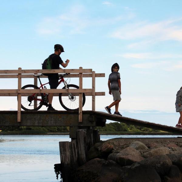 Ein Mann auf dem Fahrrad und zwei Kinder auf einer Brücke auf Hjarnø