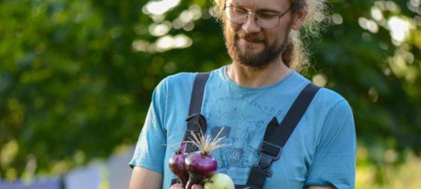 Søren Sørøver vom Brandbygegaard präsentiert feine, frisch geerntete Zwiebeln im Garten nahe Alrø in Odder