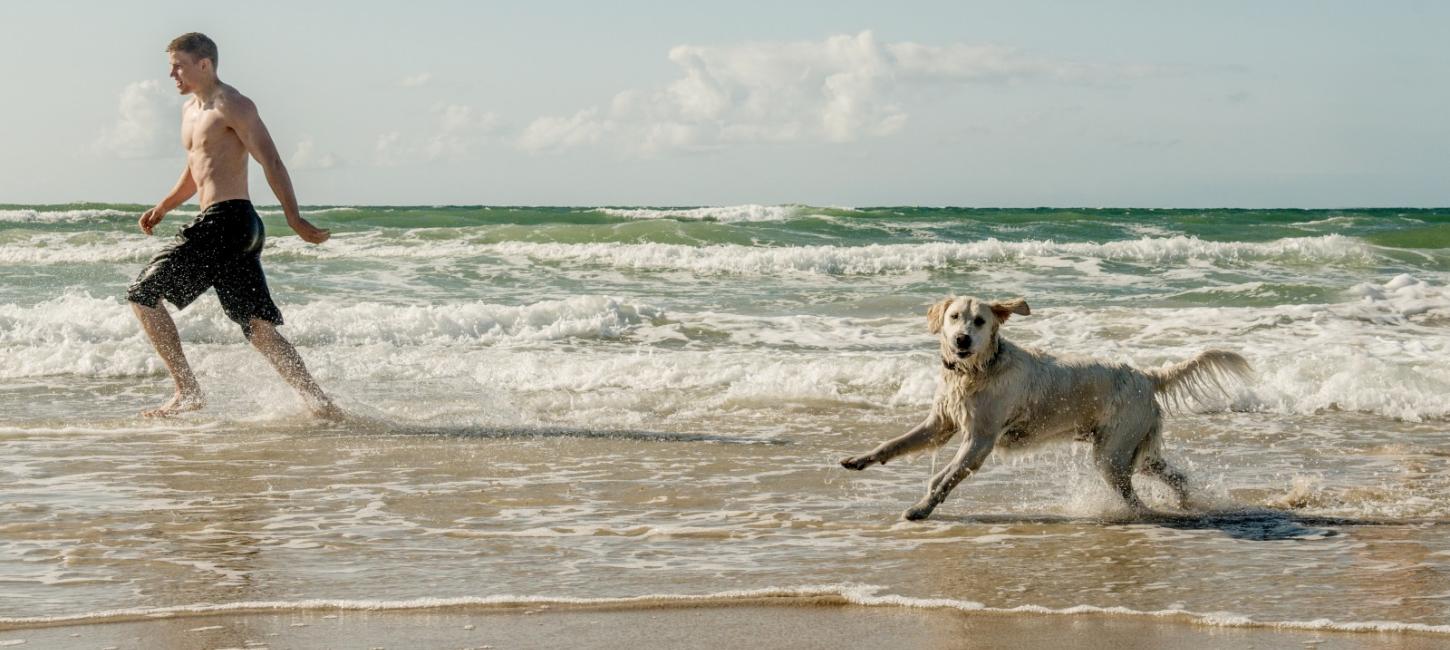 Mann in Badeshorts an der Wasserkante mit hellem Labrador