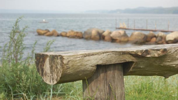 Bank am Daugaard Strand an der Nordseite des Vejle Fjord auf der Halbinsel von Juelsminde – ein Teil der Urlaubsregion Küstenland