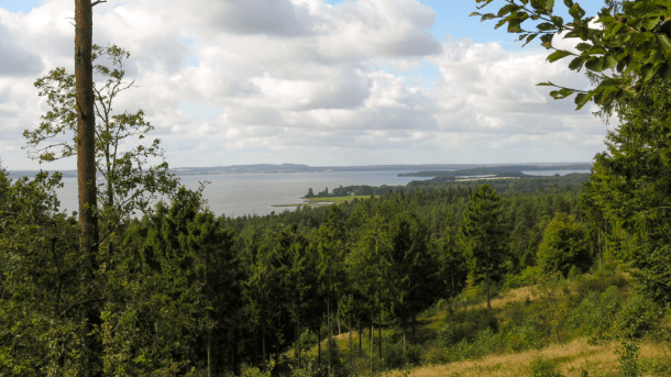 Aussicht über Horsens Fjord von Blakshøj in den Hügeln von Sondrup