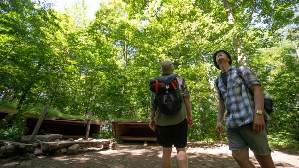 Zwei Männer auf Wanderung am Shelterplatz im Wald