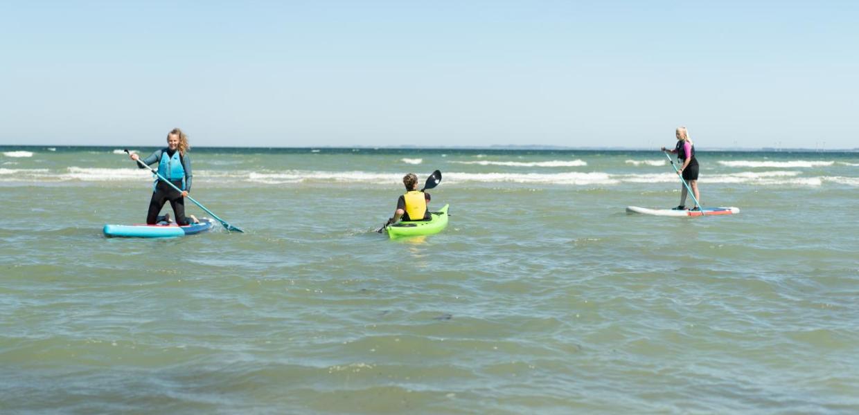 Frauen auf SUP-Boards und Mann im Meerkajak am Saksild Strand