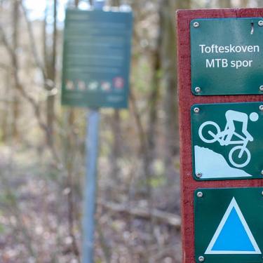Schild für den blauen Trail auf der Mountainbike-Route im Tofteskov in Juelsminde