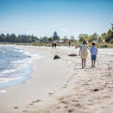 Kinder gehen bei Saksild über den Strand