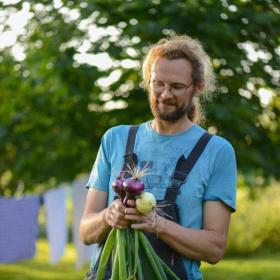 Søren Sørøver vom Brandbygegaard präsentiert feine, frisch geerntete Zwiebeln im Garten nahe Alrø in Odder